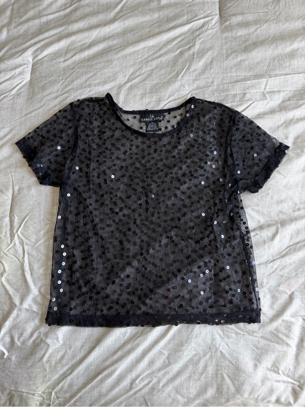 Carole Little Black Sheer Mesh Sequin Top (M)